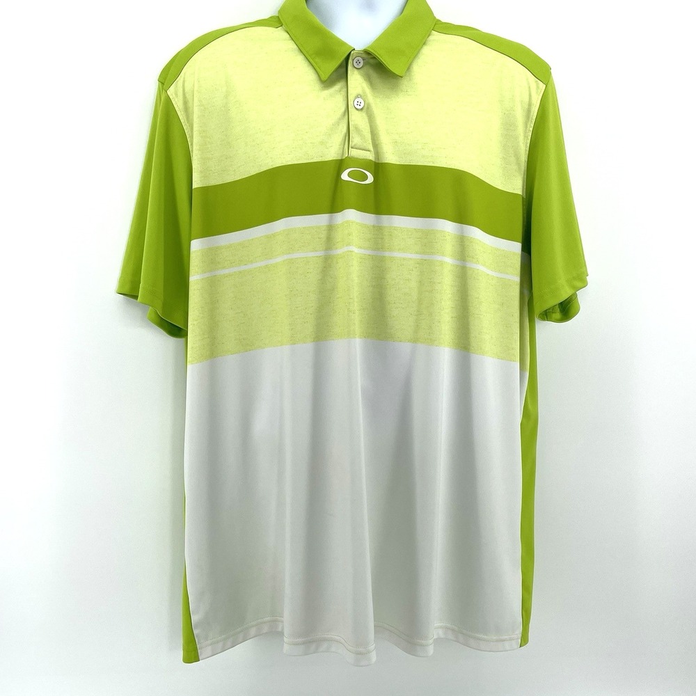 Oakley Golf Polo Shirt Men XXL Short Sleeve Green White Striped Performance